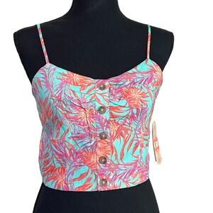 Gianni Bini Jrs Size Medium Tropical Tiered Ruffle Pink Green Cami Top Coquette